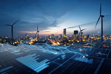 City skyline at twilight, overlaid with wind turbines, solar panels, and digital data visualizations