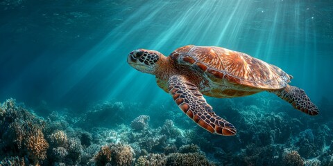 Fototapeta premium Sea turtle swimming over coral reef in sunlit ocean