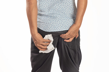 Hemorrhoidal pain, man with hemorrhoids on white background.