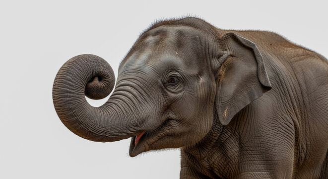 Asian elephant calf three-quarter isolated on white with trunk detail