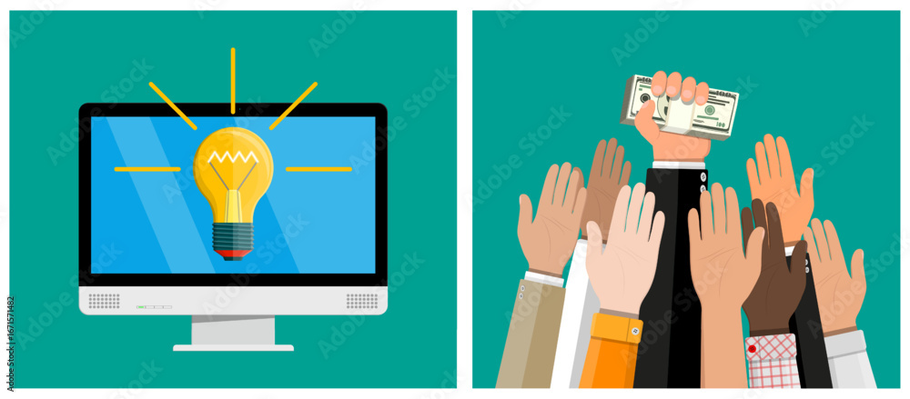 Poster light bulb idea on computer screen and hands grabbing money. business innovation and financial retur