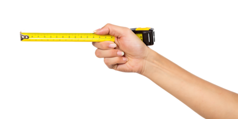 Hand holding yellow measuring tape isolated on a transparent background tool