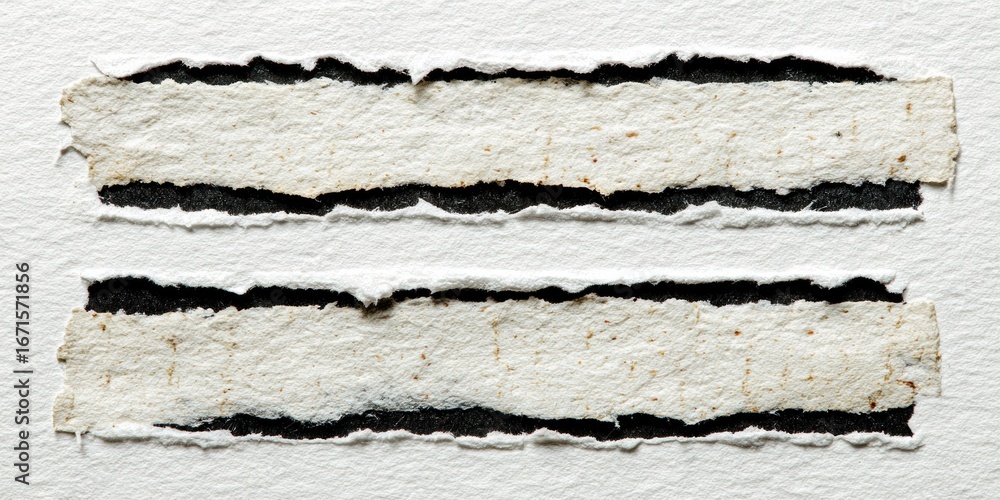 Aufkleber two paper strips with rough edges sit horizontally on textured paper with dark gaps in between