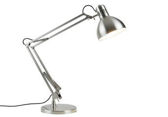 Isolated brushed silver desk lamp lighting up workspace studio, architect style lamp fixture