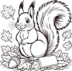Cute Squirrel in Forest Coloring Page – Woodland Animal Line Art for Kids
