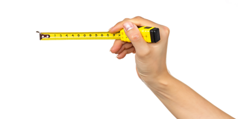 Hand holding yellow measuring tape isolated on a transparent background tool