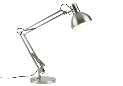 Isolated brushed silver desk lamp lighting up workspace studio, architect style lamp fixture