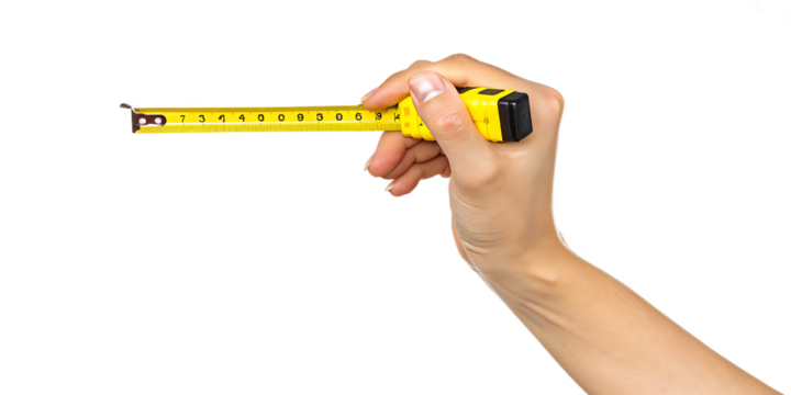 Hand holding yellow measuring tape isolated on a transparent background tool
