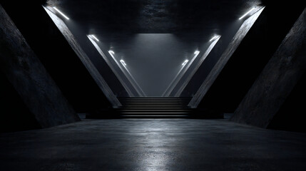 Abstract view of a dark, triangular tunnel with concrete walls, illuminated by a series of bright, white lights leading to stairs.