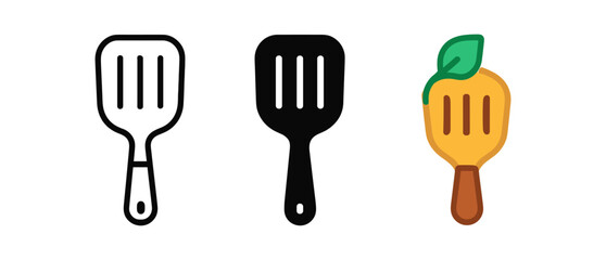 Spatula trio: outline, silhouette, and colorful icon with leaf element