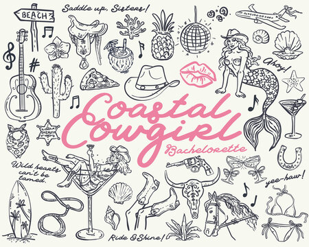Coastal Cowgirl Bachelorette whimsical illustration set