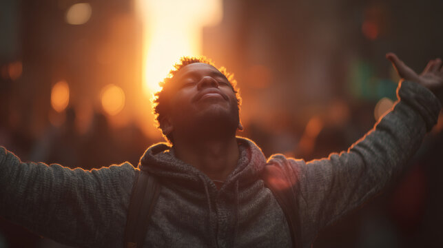 African american man with arms outstretched basking in golden sunlight. Spiritual experience and freedom concept.