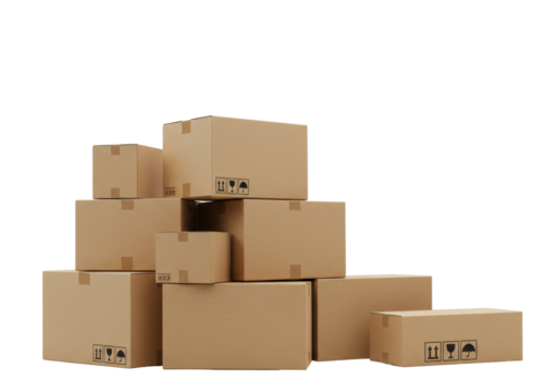 Isolated shipping cartons stacked unevenly at odd angles for freight delivery service use