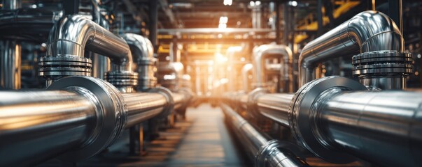 Close up view of industrial pipeline system with shiny metal tubes and valves in modern factory setting