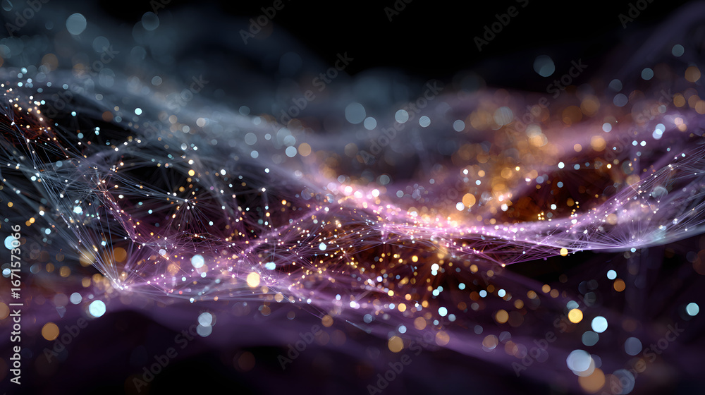 Poster intricate lines and dots creating a glowing abstractnetwork on a dark backgroud, symbolizing connect
