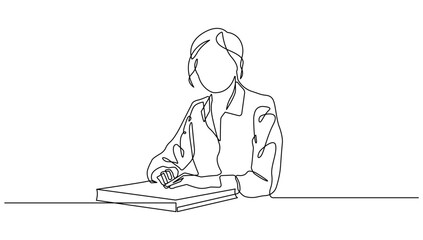 Woman in Office One Line Drawing. Female Worker Minimalistic Black Lines Drawing on White Background. Businesswoman Silhouette Continuous One Line Abstract Vector Illustration