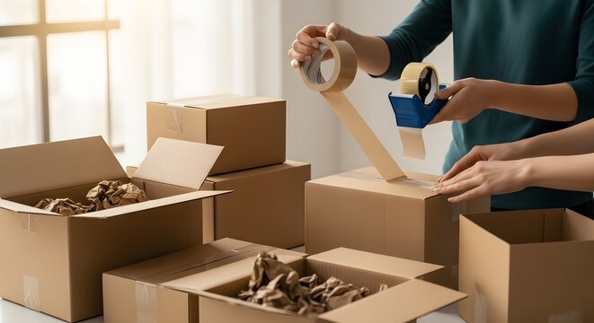 Hands packing cardboard boxes with tape for shipping and moving