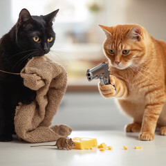 Witness a comical standoff between two cats, a mouse, and a tempting block of cheese in this funny image. A ginger cat brandishes a toy gun, while a black cat lurks behind a burlap sack. 