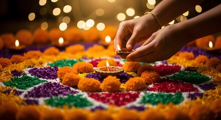 Hands lighting traditional oil lamp on colorful floral Rangoli for spiritual celebration