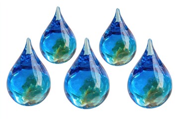 Five glossy teardrops, each refracting shades of blue and green light, isolated on a white background