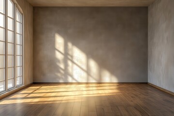 An empty room with large windows, illuminated by natural sunlight, casts dramatic shadows on the light brown wooden floor.