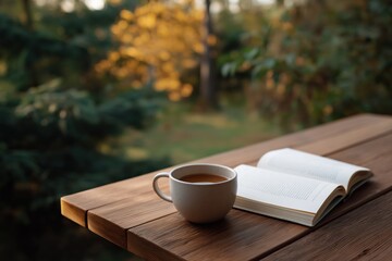 Cozy autumn reading: open book and coffee on wooden table in forest setting