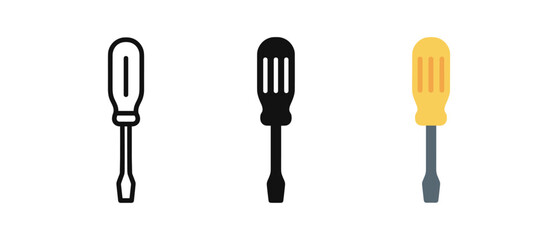 Set of screwdriver icons: outline, solid, and colorful styles