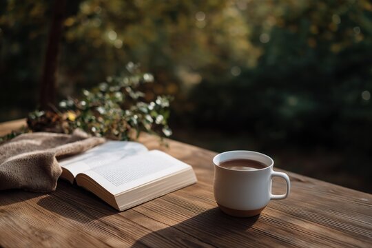 Cozy outdoor reading spot with open book and coffee on wooden table