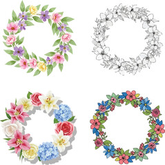 Wreath of flowers in a circular floral design with leaves and decorative elements for cards and holidays