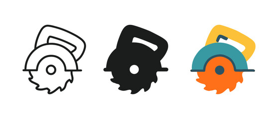 Set of circular saw icons in linear, silhouette, and colorful styles
