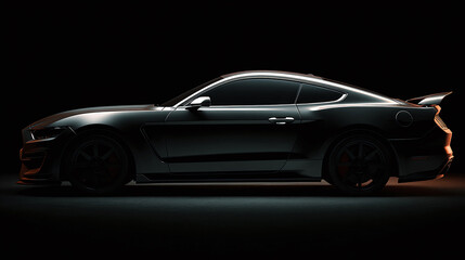 Fototapeta premium Sleek automotive design: a dark coupe shines in studio lighting, emphasizing its sporty silhouette and powerful stance against a black backdrop.