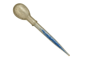 Vintage pipette containing blue liquid on transparent background