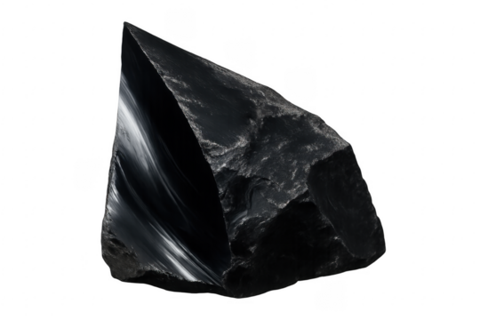 Black obsidian rock with transparent background showing polished surface and natural texture