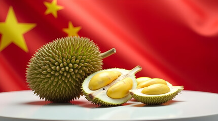 Durian fruit displayed on table with china flag background