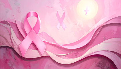 Fototapeta premium Pink ribbon symbol against a soft pink background representing breast cancer awareness.