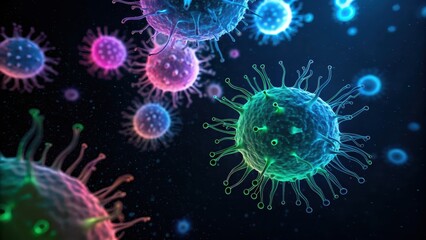 Obraz premium bioluminescent biology art Microscopic view of colorful viruses and microorganisms in a dark background.