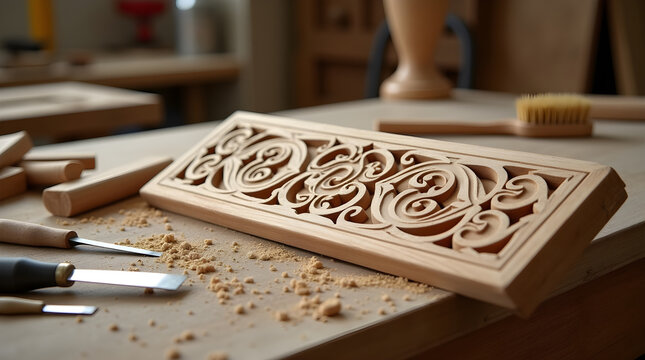 Carpenter creating beautiful floral wood carving in workshop