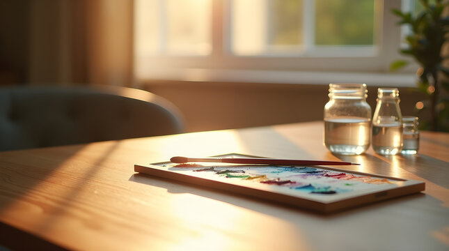 Paintbrush resting on palette with jars of water in sunlight filled art studio - Powered by Adobe