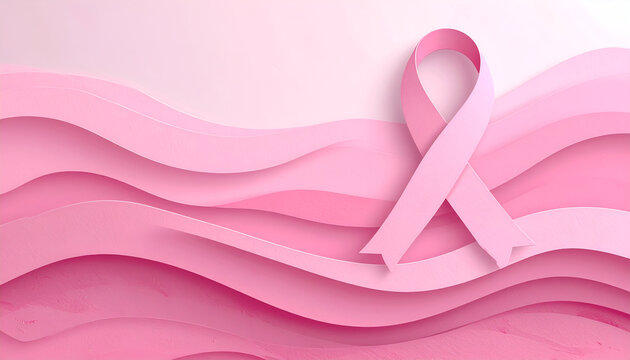Pink ribbon symbol of breast cancer awareness against layered pink background. - Powered by Adobe