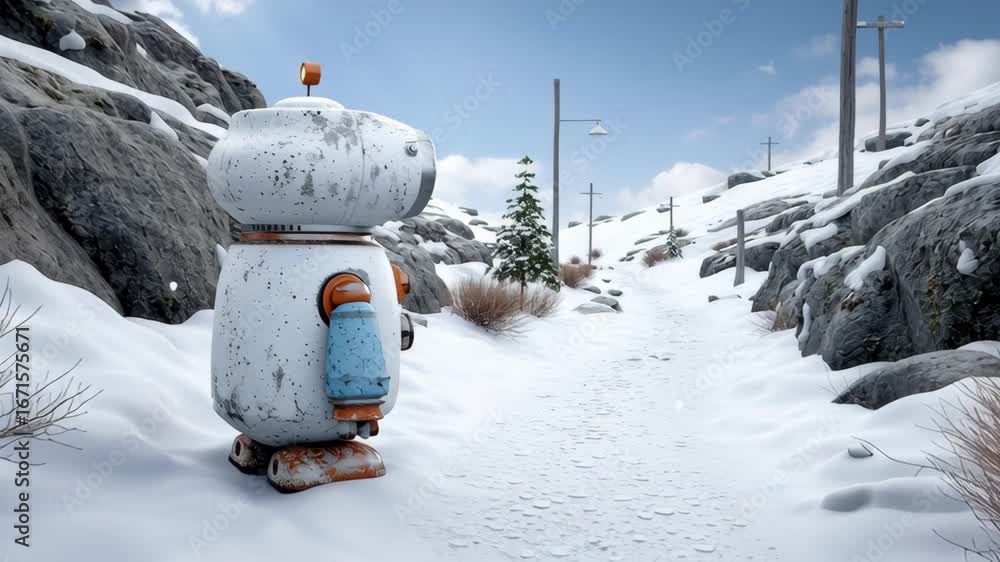 Poster charming robot character stands on snowy path, showcasing its playful design with vibrant colors and