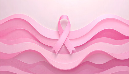 Pink ribbon symbol on abstract layered pink background representing breast cancer awareness.