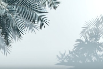 Pale blue fronds create shadow play on a white wall, minimalist aesthetic