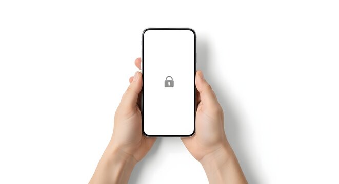 Hands holding smartphone with lock screen isolated on white background for digital security concept