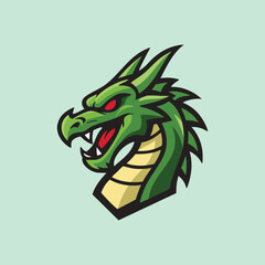 Fierce green dragon mascot with red eyes and sharp fangs, ideal for gaming logo, fantasy emblem, or mythical creature design.