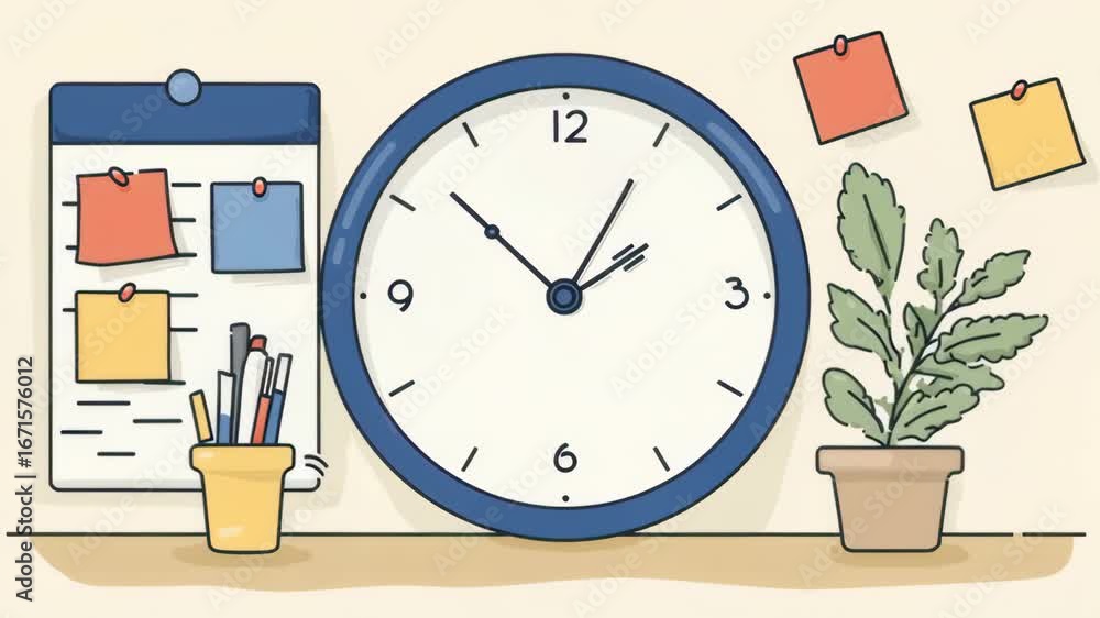 Poster efficient time management enhances productivity and organization in daily tasks, utilizing clock, ca