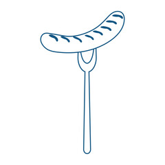 Blue grilled sausage on fork icon isolated on white or transparent background. Vector illustration. Line drawing. Closeup food element for oktoberfest, picnic and barbecue design decoration.