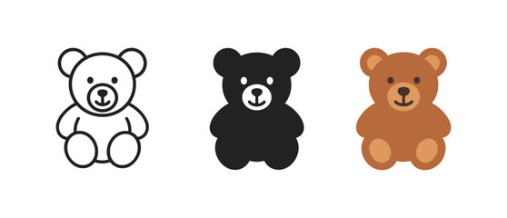 Naklejka premium Cute teddy bear icons in black, white, and brown simple design