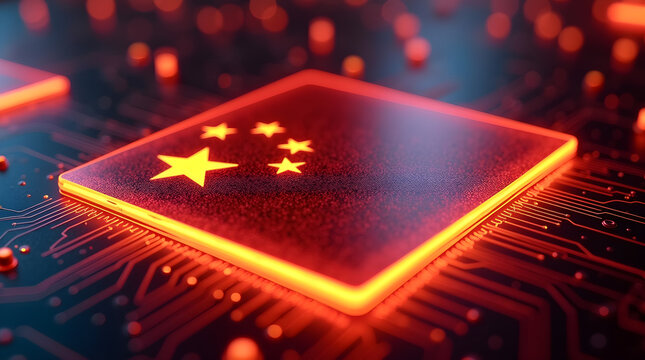 Chinese flag shining on computer motherboard: technology and innovation