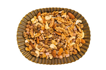 Assorted nuts, dry fruits, mix nuts, almond, cashew, pistachio, Hazelnut isolated on white background