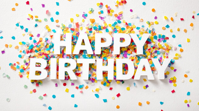 Happy birthday greeting paper letters on colorful confetti